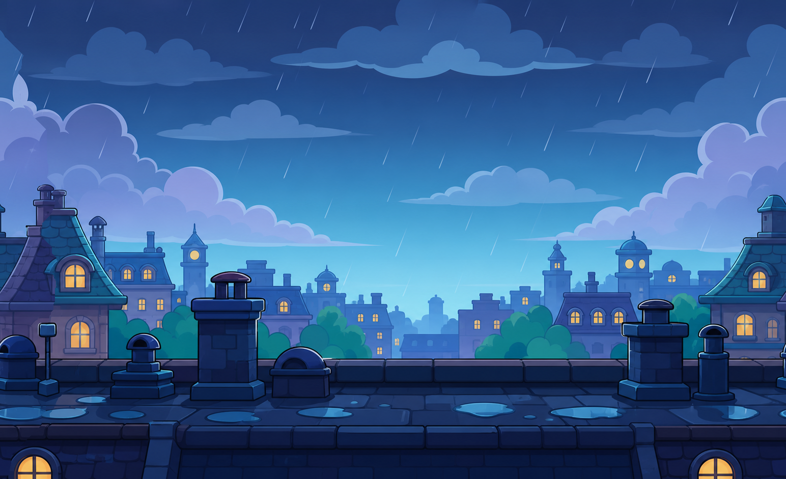 Rain falling over the moonlit cartoon rooftops of CrowRush